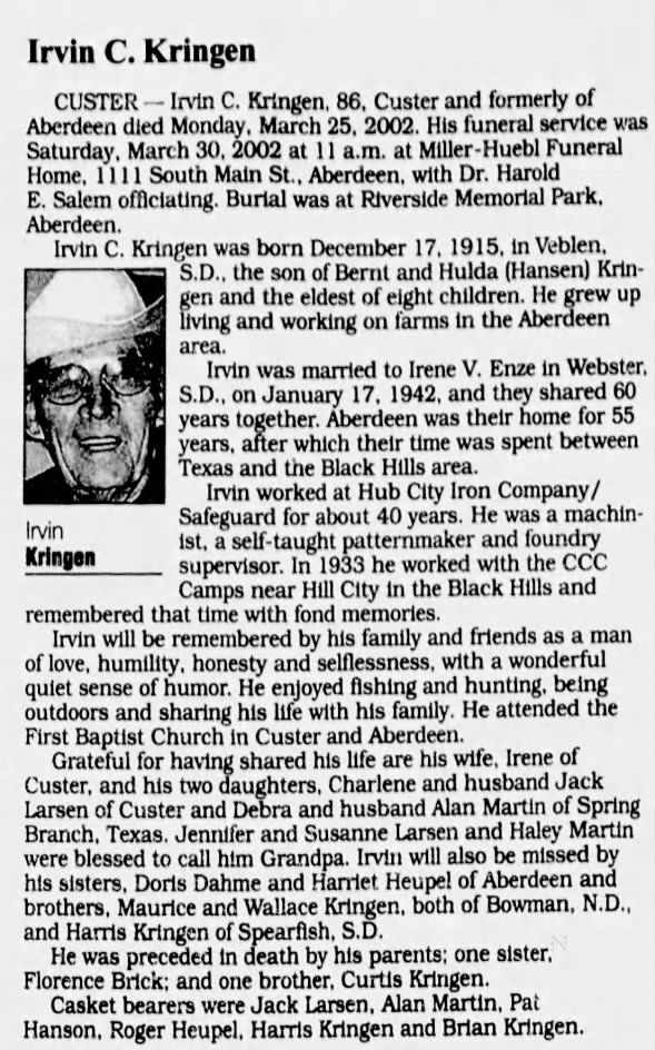 Obituary for Irvin C. Kringen, 1915-2002 (Aged 86)
